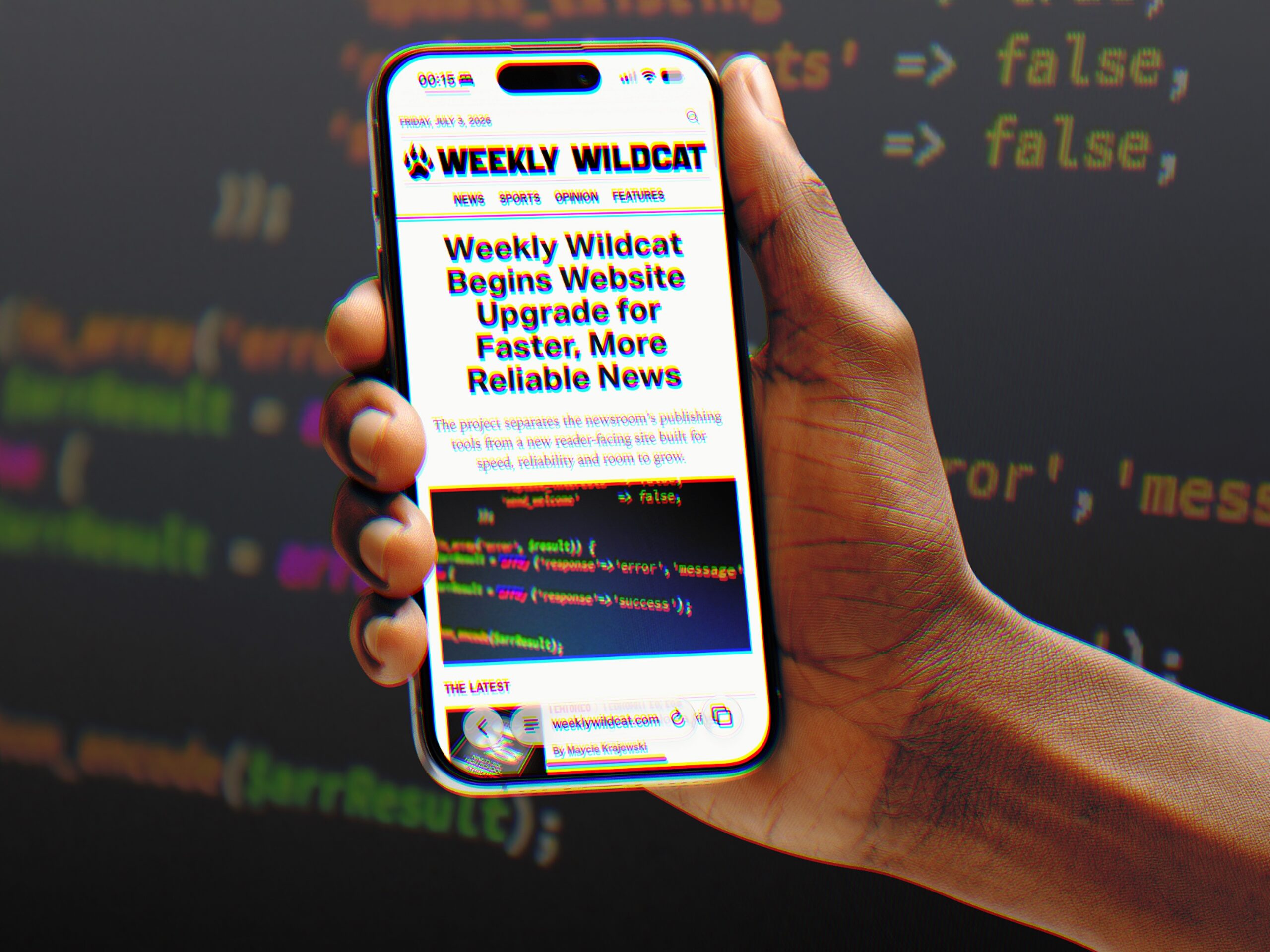A hand holding an iPhone displaying the new Weekly Wildcat homepage on a background with code