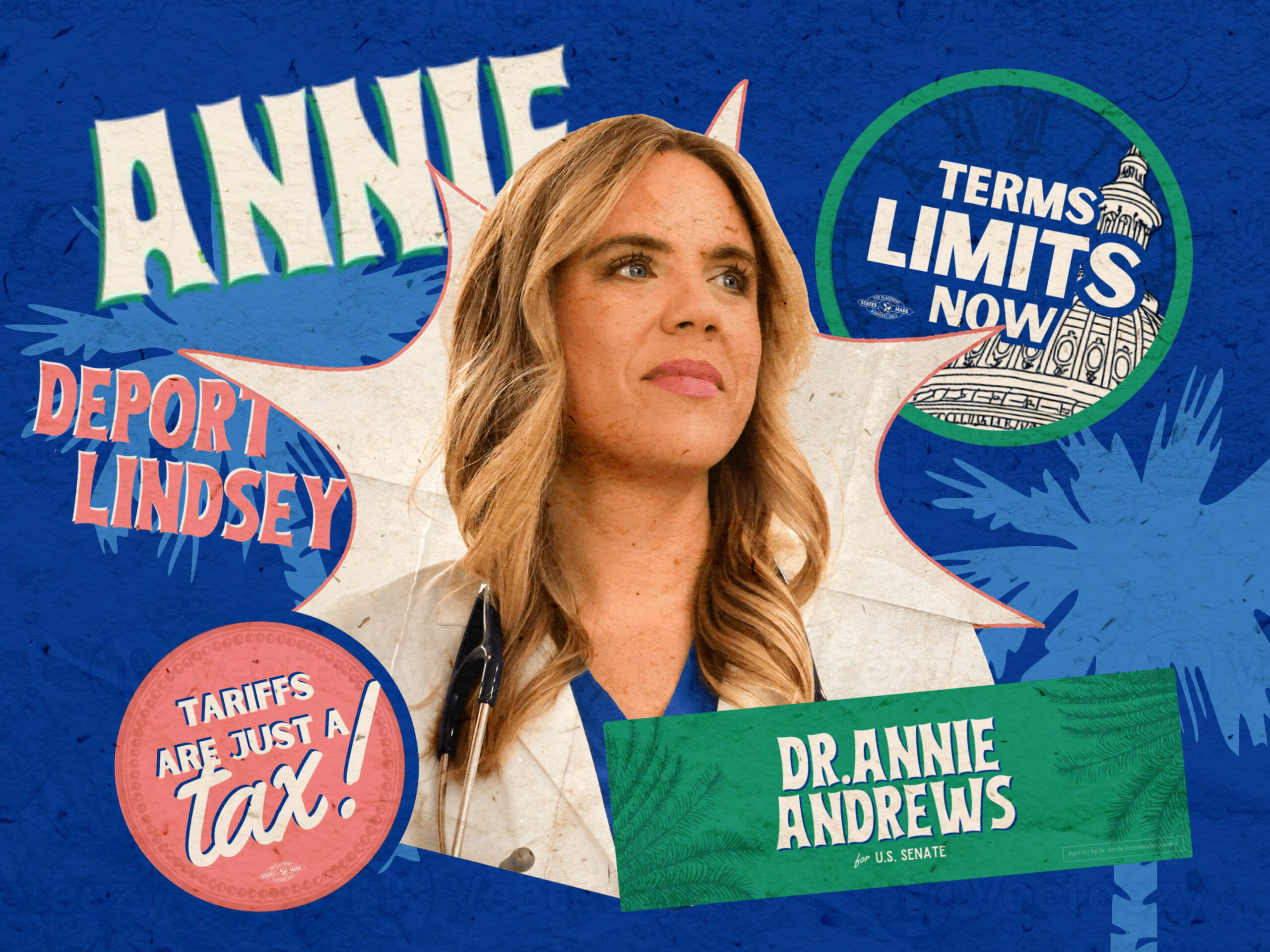 A photo of Annie Andrews surrounded by various campaign materials